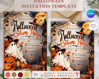 Puede incluir: Una plantilla de invitación para fiesta de disfraces de Halloween con un fantasma con sombrero de bruja, calabazas, luna llena y una casa encantada. El texto dice: You're invited to Halloween Costume Party, Costumes, Cocktails, Good Vibes, Let's make it a night to remember.