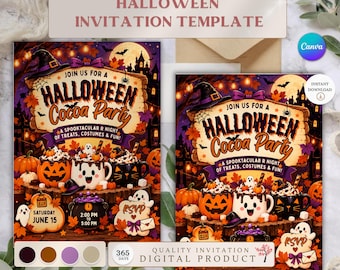 Puede incluir: Una plantilla de invitación para una fiesta de cacao de Halloween con un letrero de madera con el texto JOIN US FOR A HALLOWEEN COCOA PARTY, A SPOOKTACULAR NIGHT OF TREATS, COSTUMES & FUN, SATURDAY JUNE 15, 2:00 PM TO 5:00 PM y RSVP, con tazas.