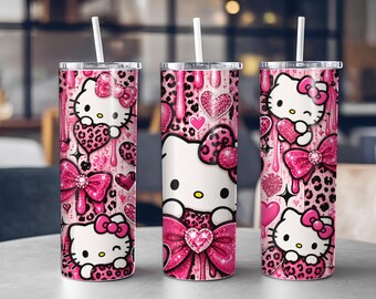 Vaso térmico con diseño de corazón y collage de Hello Kitty brillante, diseño kawaii rosa, vaso térmico inspirado en Sanrio, vaso térmico delgado de 20 oz.