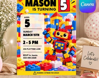 Invitación de cumpleaños con temática de ladrillos de Mason, invitación para fiesta de cumpleaños con bloques de construcción, temática de construcción infantil, invitación colorida de 5x7 pulgadas.