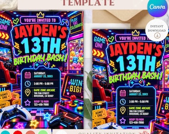 Invitación de cumpleaños con temática de arcade neón, invitación para fiesta de cumpleaños de videojuegos, invitación para fiesta de juegos, cumpleaños con temática de arcade retro, invitación de 5x7 pulgadas.