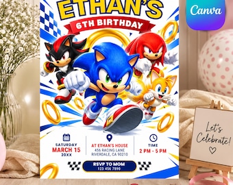 Invitación de cumpleaños de Sonic Racing, invitación para fiesta de Sonic the Hedgehog, cumpleaños de videojuegos, fiesta infantil con temática de carreras, invitación de 5x7 pulgadas.