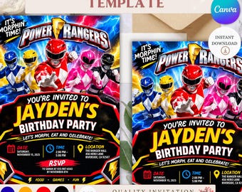 Invitación de cumpleaños de Power Rangers, invitación para fiesta de héroes de acción, plantilla infantil editable de 5x7