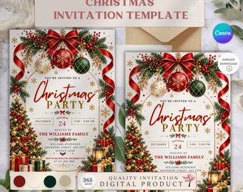 Puede incluir: Una plantilla de invitación para fiesta de Navidad con un lazo rojo, adornos y ramas de pino en la parte superior. El texto dice 'You're invited to a Christmas Party' con espacios para fecha, hora y lugar. Un árbol decorado y regalos en la parte inferior.