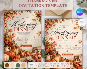 Puede incluir: Una plantilla de invitación para una cena de Acción de Gracias con un tema otoñal cálido, hojas de otoño, calabazas y girasoles. El texto dice: Please join us for a Thanksgiving Dinner, Saturday November 14th, 5:00 PM - 8:00 PM, The Parker's House.