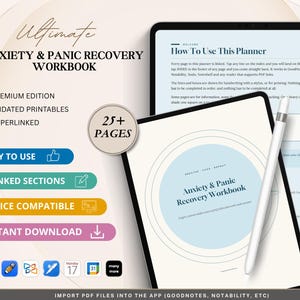 Puede incluir: Un libro de ejercicios digital para la ansiedad y el pánico mostrado en dos tabletas con un lápiz óptico. El texto dice Ultimate Anxiety & Panic Recovery Workbook, 25+ Pages, Easy to Use, Linked Sections, Device Compatible, Instant Download.