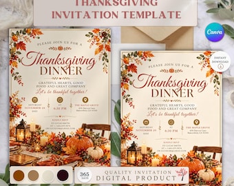 Puede incluir: Una plantilla de invitación para una cena de Acción de Gracias con follaje otoñal, calabazas y una linterna. El texto dice: Please join us for a Thanksgiving dinner, grateful hearts, good food and great company, let's be thankful together, Saturday November 29 2025.