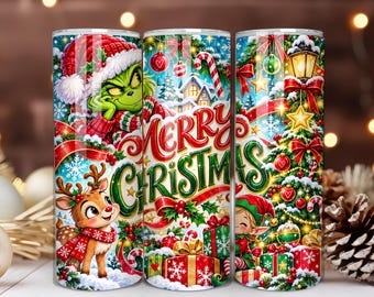 Diseño PNG para vaso térmico navideño del Grinch, diseño de vaso térmico delgado de 20 oz con temática navideña, descarga para sublimación navideña.