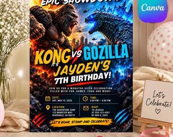 Invitación de cumpleaños de Kong vs Godzilla, invitación a fiesta de batalla de monstruos, cumpleaños de monstruos gigantes, fiesta infantil con temática de acción, invitación de 5x7