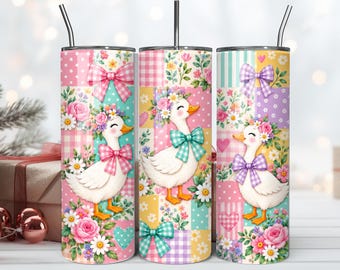 Diseño PNG de patos de patchwork en tonos pastel para vaso navideño, diseño floral delgado de 20 oz para sublimación.