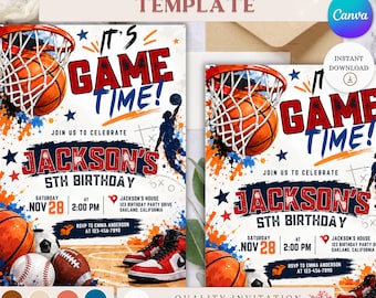 Basketball Game Day Birthday Invitation, Basketball Birthday Party Invite, Sports Theme Kids Birthday, Orange Basketball 5x7 Invite
