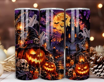 Diseño PNG para vaso térmico de mansión embrujada iluminada por la luna para Halloween, vaso térmico delgado de 20 oz con diseño de casa embrujada gótica para sublimación