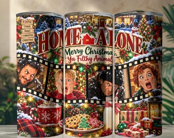 Vaso térmico con diseño de película navideña "Solo en casa", divertido diseño navideño, ideal para bebidas festivas, vaso térmico delgado de 20 oz.