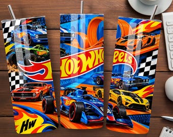 Diseño PNG para vaso Hot Wheels Racing, 20 oz, diseño delgado con temática de autos, ideal para cumpleaños infantiles.