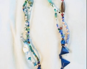 Blue Triad Strand Beaded Statement Necklace Upcycled Recycled OOAK