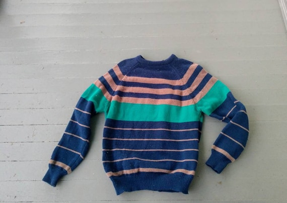 Navy Blue Tan and Teal 1980s Vintage Pullover Swe… - image 1