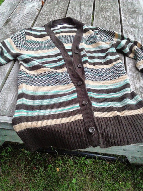 Vintage Sweater Cardigan 1970s Brown, Mint Green, 