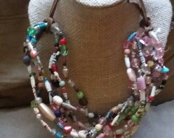 Handmade Pink and Peach Paperbead Bib Necklace Bohemian OOAK Recycled Upcycled