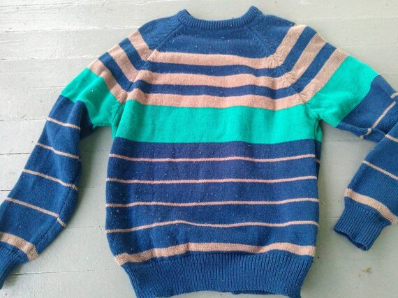 Navy Blue Tan and Teal 1980s Vintage Pullover Swe… - image 2