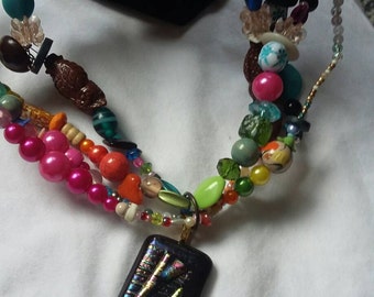 Neon 80's Hippy Throwback Beaded Bib necklace Upcycled Recycled OOAK
