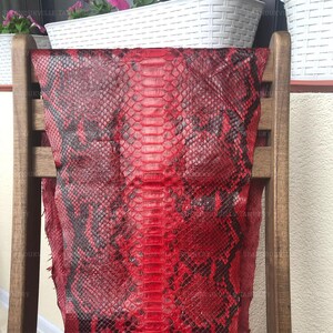 May include: A piece of red and black snakeskin leather featuring a distinct scale pattern. The hide displays a vibrant red base color with dark, irregular markings running vertically along the center and sides, showcasing a natural texture.
