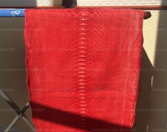 Genuine Reticulated Python Belly Skin, Scarlet Red Washed Snakeskin Leather, Glossy Exotic Hide for Leather Craft