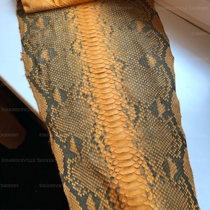 May include: A flat, tanned snakeskin hide featuring a vibrant orange base color with a dark gray, diamond-shaped scale pattern running down the center. The texture displays the natural, overlapping scale structure of the reptile skin throughout.
