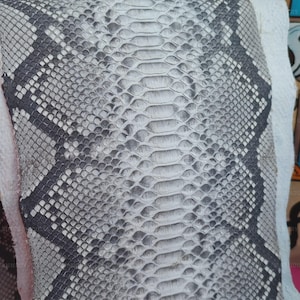 May include: A piece of snakeskin leather featuring a repeating pattern of overlapping scales in shades of off-white, light gray, and dark charcoal. The texture is defined by a central row of larger, elongated scales flanked by smaller, diamond-shaped scales.