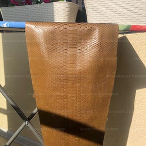 May include: A rectangular piece of tan-colored snakeskin leather featuring a distinct, symmetrical scale pattern running vertically down the center. The material has a smooth, semi-gloss finish and is draped over a flat, horizontal surface.