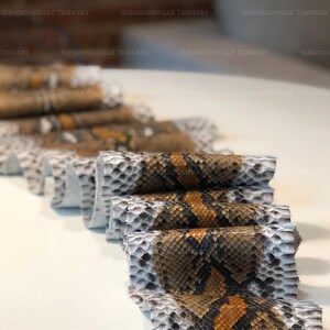 May include: A folded piece of snakeskin leather featuring a repeating pattern of white, brown, and black scales. The material is arranged in a series of accordion-style pleats, displaying the textured surface and the natural scale arrangement throughout.