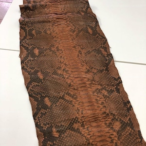 May include: A rectangular piece of genuine snakeskin leather featuring a natural scale pattern in shades of medium brown and dark chocolate brown. The hide displays a distinct central row of larger, elongated scales flanked by smaller, textured scales.
