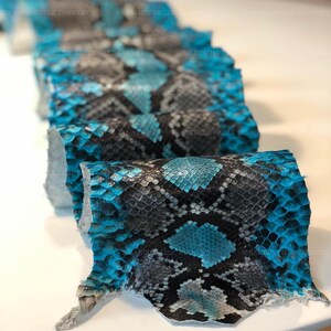 Puede incluir: Una pieza de piel de serpiente doblada con un patrón de escamas en forma de diamante en turquesa vibrante y negro. El material tiene una superficie reptiliana texturizada con un diseño geométrico repetitivo. El texto Sihanoukville Tannery es visible.