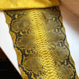 May include: A flat, tanned snakeskin hide featuring a vibrant yellow base color with a prominent dark charcoal gray diamond-shaped pattern running down the center. The scales are clearly defined, showing a natural texture and organic scale arrangement.