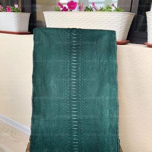 May include: A rectangular piece of dark emerald green snakeskin leather featuring a distinct, symmetrical scale pattern with a prominent, larger central spine of scales running vertically down the middle of the hide's surface texture.