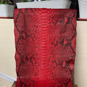May include: A rectangular piece of snakeskin leather featuring a vibrant red and dark brown scale pattern. The texture consists of small, overlapping diamond-shaped scales on the sides and a central column of larger, elongated rectangular scales.