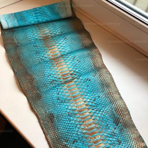 May include: A flat, elongated piece of snakeskin leather featuring a vibrant turquoise blue dye applied over a natural tan and brown base. The scales are arranged in a distinct, symmetrical pattern with a prominent central row of larger scales.