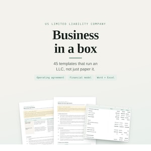 Puede incluir: Un producto digital titulado US Limited Liability Company Business in a box, que contiene 45 plantillas para gestionar una LLC. Incluye documentos como un acuerdo operativo, un modelo financiero y archivos para Word y Excel, mostrados como impresiones.