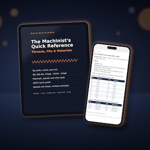 Könnte beinhalten: Ein Tablet und ein Smartphone mit der Anzeige The Machinist's Quick Reference: Threads, Fits & Materials. Das Tablet zeigt eine Liste technischer Themen, während das Smartphone eine detaillierte Tabelle für Zollgewinde mit numerischen Daten darstellt.
