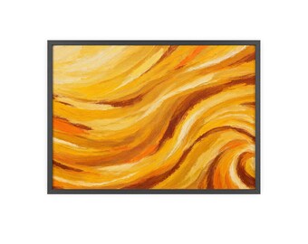 Puede incluir: Una pieza de arte mural rectangular enmarcada que presenta una pintura abstracta con pinceladas fluidas y arremolinadas en tonos amarillo dorado, naranja brillante y marrón caoba profundo, creando un patrón dinámico de ondas en el lienzo.