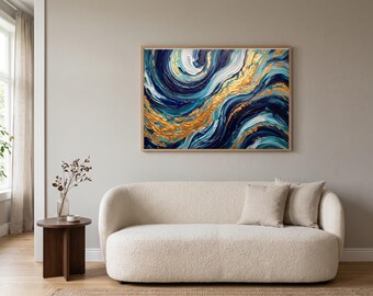 Puede incluir: Una pieza de arte mural rectangular que presenta una pintura al óleo abstracta con pinceladas gruesas y texturizadas en tonos azul marino profundo, cerceta y blanco, acentuadas por prominentes remolinos dorados metálicos.