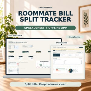 Pode incluir: Um rastreador digital de divisão de contas para colegas de quarto com uma pasta de trabalho XLSX e uma interface de aplicativo de navegador. A tela mostra dados financeiros, incluindo configuração doméstica, saldos líquidos e gastos por categoria. O texto inclui "Sorted Spender", "Roommate Bill Split Tracker", "Spreadsheet + Offline App", "XLSX Workbook", "Sample data", "Browser App" e "Split bills. Keep balances clear."