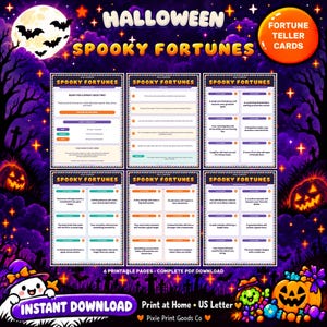 May include: A set of six printable Halloween Spooky Fortunes cards featuring text-based prompts and game instructions. The design includes purple and orange backgrounds with silhouettes of bats, pumpkins, and a full moon.