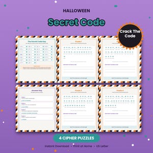 May include: A Halloween Secret Code activity set featuring a cipher key, four numbered puzzles, and an answer key. The pages have a black and orange striped border on a purple background with text including "Crack The Code" and "4 CIPHER PUZZLES".