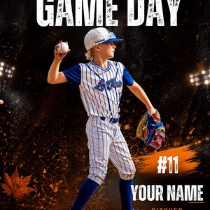 May include: A Fall Baseball Game Day flyer featuring a pitcher in a white and blue pinstriped uniform with a baseball and glove. Text includes FALL BASEBALL, GAME DAY, #11, YOUR NAME, PITCHER, YOUR TEAM VS OPPONENT, SATURDAY SEPT 12 5:00 PM YOUR BASEBALL.
