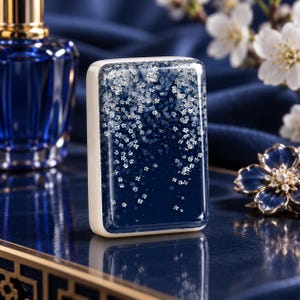 May include: A rectangular compact mirror with a glossy finish featuring a dark navy blue background adorned with a dense pattern of small, white, five-petaled cherry blossom flowers that appear to cascade from the top edge downward.