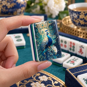 May include: A rectangular mahjong tile featuring a vibrant illustration of a peacock with iridescent blue and green feathers, set against a dark background with gold star accents. The tile has a white base with a green and blue layered side edge.