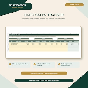 May include: A digital daily sales tracker spreadsheet template for Microsoft Excel. The document features columns for date, event, gross sales, cash, credit, mobile payment, other, tax, tips, refunds, and net revenue with a dark green header.