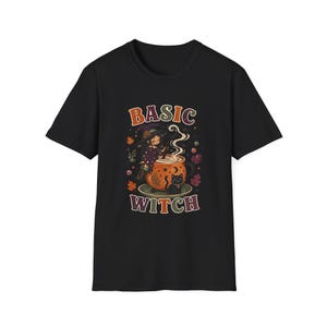 Basic Witch Shirt, Fall Coffee Tee, Witch on a Pumpkin Spice Latte, Black Cat, Autumn Leaves (Unisex)