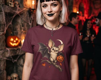 Camiseta con estampado de murciélago adorable, camiseta vintage de Halloween con murciélago y cubo de caramelos con forma de calabaza, regalo para amantes de los murciélagos con luna creciente (unisex).
