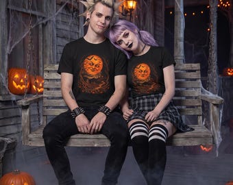 Camiseta vintage de Halloween, Camiseta del Hombre en la Luna, Luna de Cosecha, Sendero del Cementerio, Murciélagos de Otoño, Regalo de Otoño (Unisex)